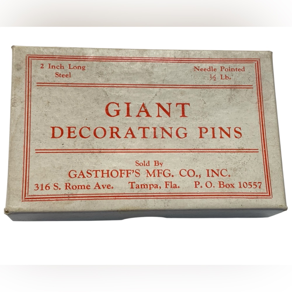 Vintage GASTOFF’S Box Giant Decorating Pins 2” Long Steel Needle Pointed Home